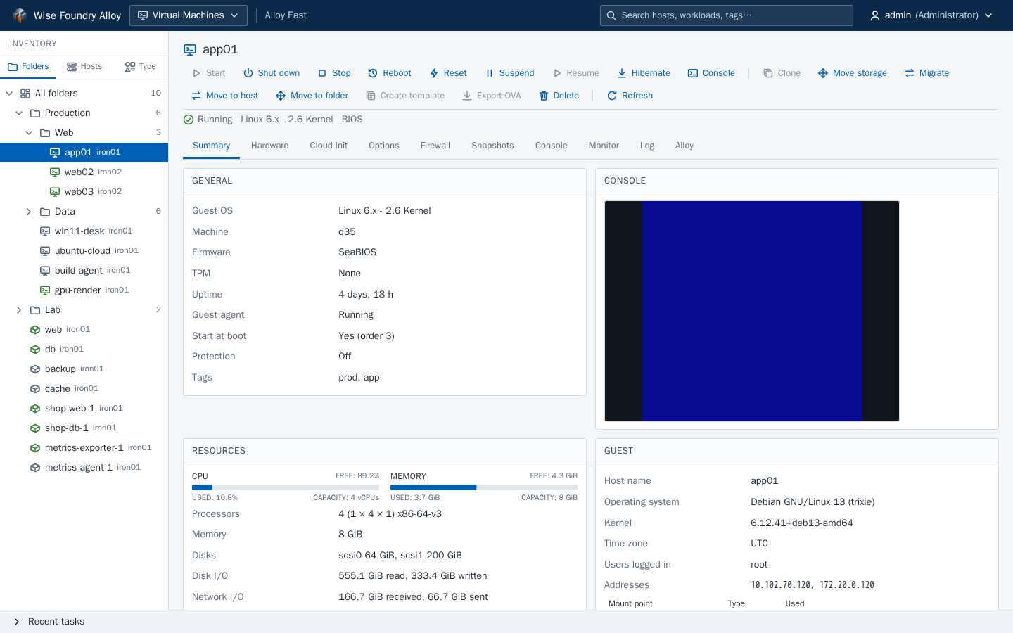 Wise Foundry Alloy showing its Virtual Machines inventory, folders of workloads from several Iron hosts, beside a virtual machine's page that is the Foundry Console's own, with Alloy's Migrate, Move to host, Move to folder and Create template actions and an Alloy tab added