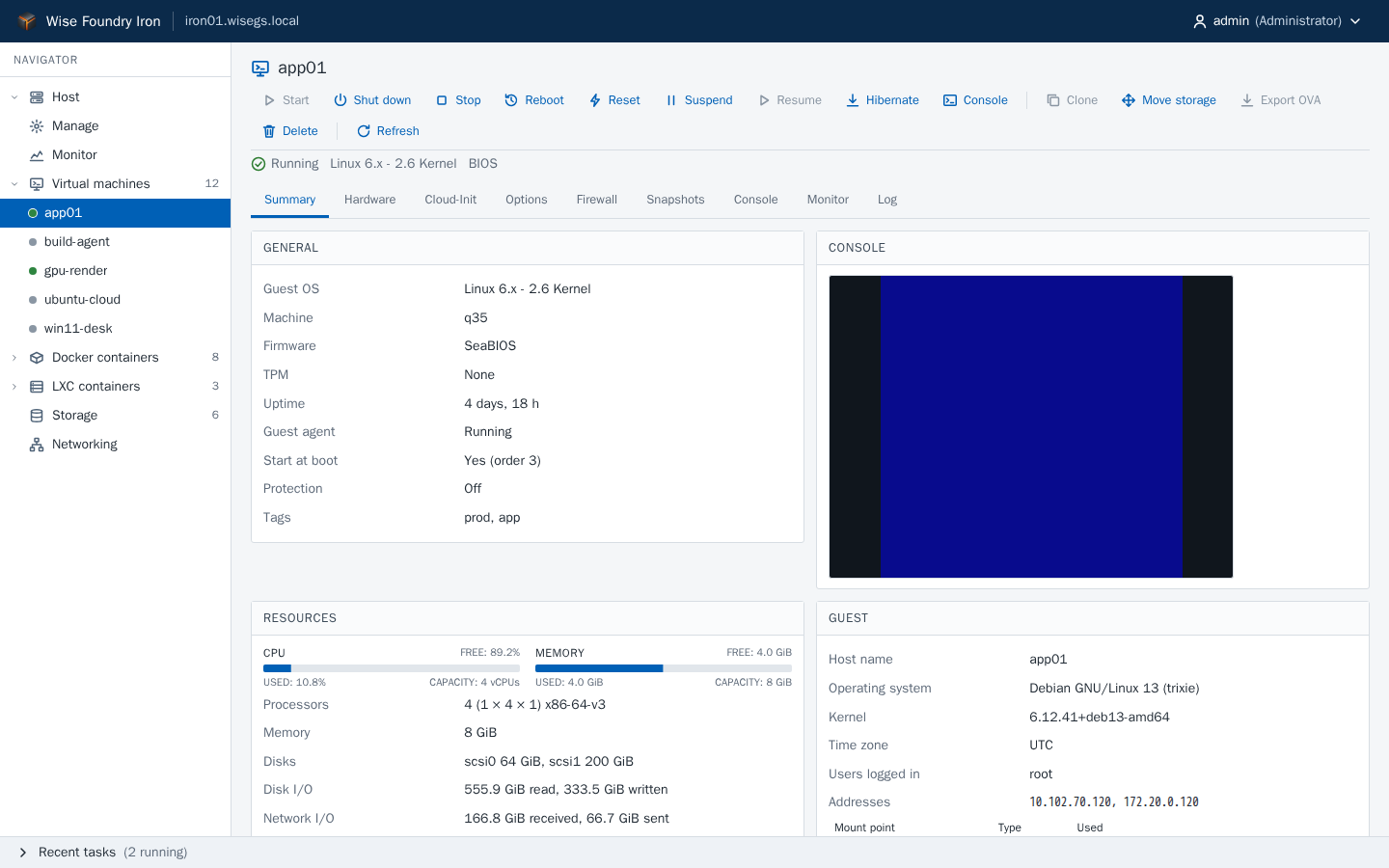 Foundry Console showing a Debian virtual machine's summary, with its power and move actions, the Summary, Hardware, Cloud-Init, Options, Firewall, Snapshots, Console, Monitor and Log tabs, its live console, resources and guest details, and the Navigator's list of virtual machines