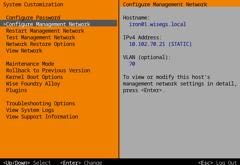 Iron Console System Customization: an orange menu with Configure Management Network selected in a dark grey bar, then Restart, Test and Restore for the management network, Maintenance Mode, Rollback, Kernel Boot Options, Wise Foundry Alloy, Plugins, Troubleshooting Options, System Logs and Support Information, beside the management network's host name, address and VLAN on grey